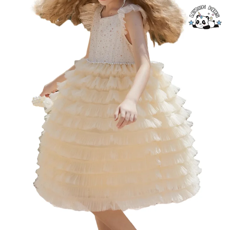 LEZONKIDS - Melhor Novo Produto de 2024 Vestido de Bolo Tutu com Manga de Renda Ruffle Últimos Desenhos de Vestidos para Crianças